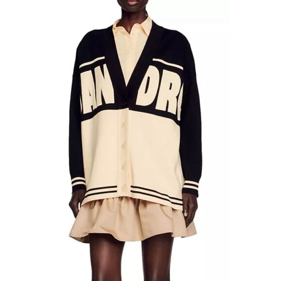 NWOT Sandro Benidorm Oversized Logo Appliqué Color Block Cardigan Women's S/M - Picture 1 of 16